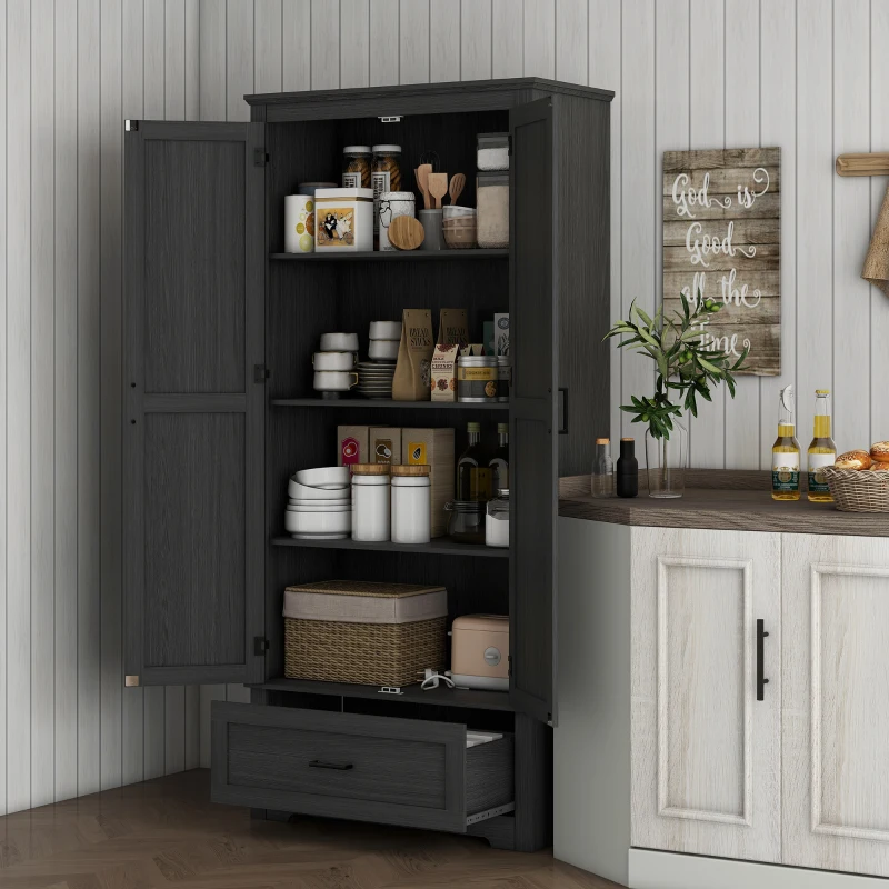 HOMCOM 69" Tall Farmhouse Kitchen Pantry Cabinet with 2 Doors, Drawer and Adjustable Shelves for Dining Room, Black