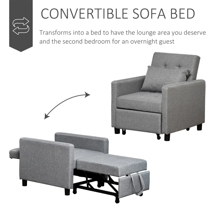HOMCOM Convertible Sofa Lounger Chair Bed Multi-Functional Sleeper Recliner with Tufted Upholstered Fabric, Adjustable Angle Backrest, and Pillow, Grey