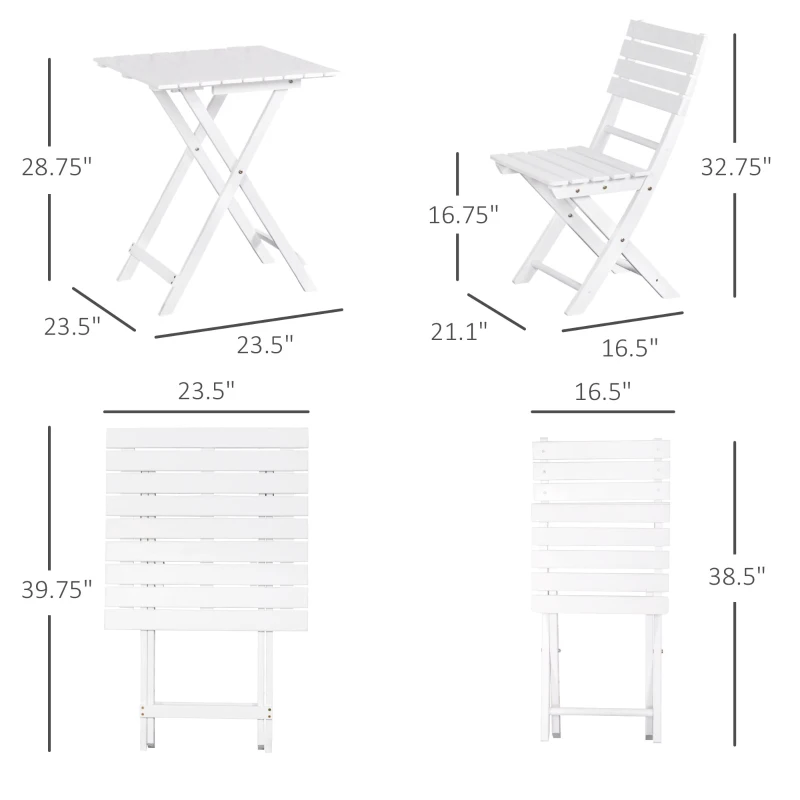 Outsunny 3 Piece Bistro Set, Wood Folding Outdoor Furniture with Table & Chairs for Backyard & Balcony, Square, White