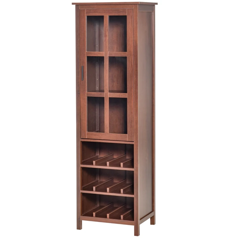 HOMCOM Tall Wine Cabinet, Bar Display Cupboard with 12-Bottle Wine Rack, Glass Door and 3 Storage Compartment for Living Room, Home Bar, Dining Room, Walnut
