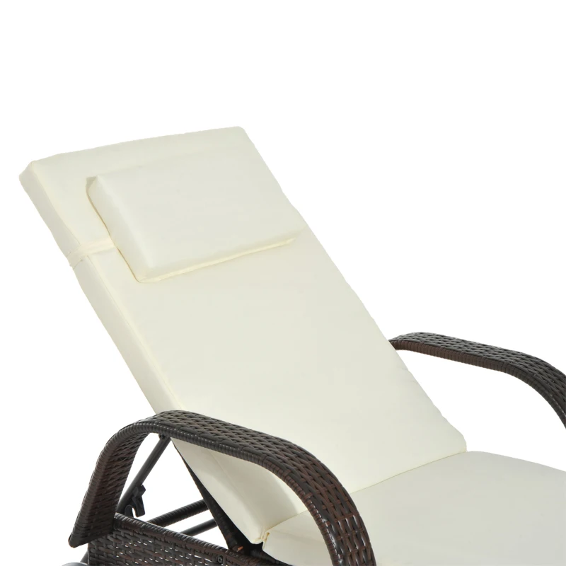 Outsunny Wicker Chaise Lounge, Outdoor Lounge Chair, PE Rattan Patio Sun lounger with Head-rest, 5-Level Height Adjust Backrest, Cushion & Wheels, Mixed Brown and Cream White