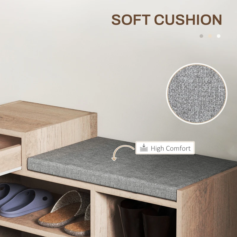 HOMCOM Upholstered Shoe Storage Bench, Hallway Shoe Storage with Seat, Drawer, 3 Open Shelves for Entryway, Grey