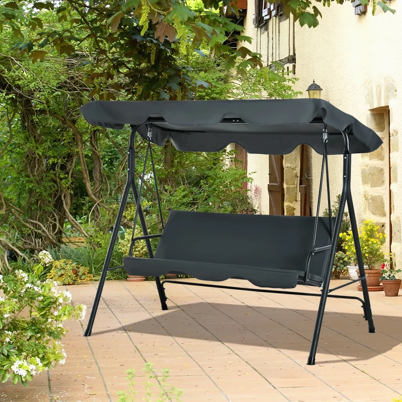 Outsunny 3-Seat Outdoor Patio Swing Chair with Removable Cushion, Steel Frame Stand and Adjustable Tilt Canopy for Patio, Garden, Poolside, Balcony, Backyard, Gray