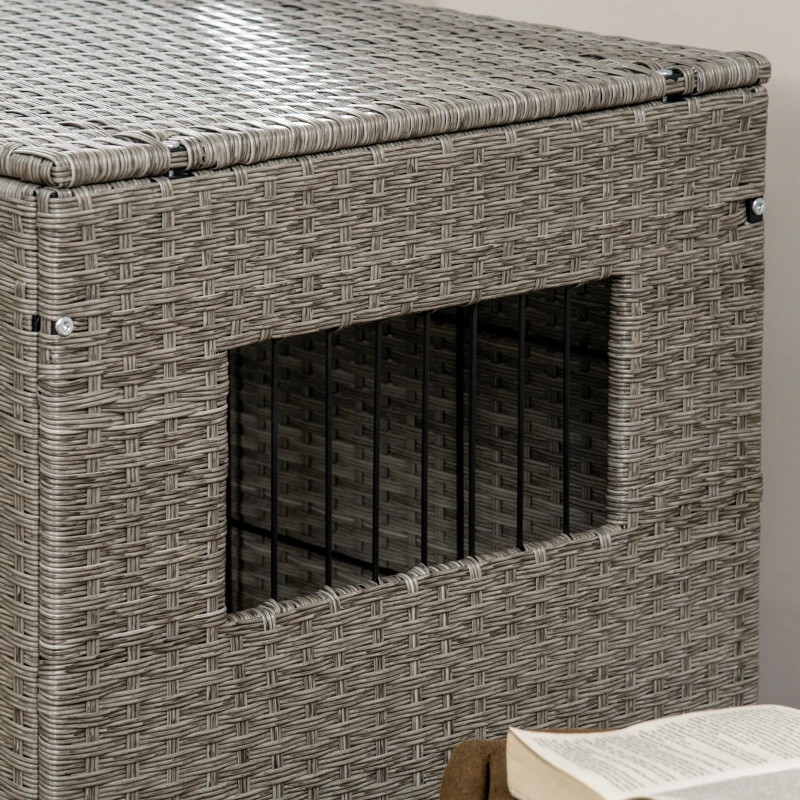 PawHut Rattan Dog Crate with Double Doors, Wicker Dog Cage with Soft Washable Cushion, Dog Kennel Furniture Outdoor Indoor for Medium to Large Sized Dogs, Gray