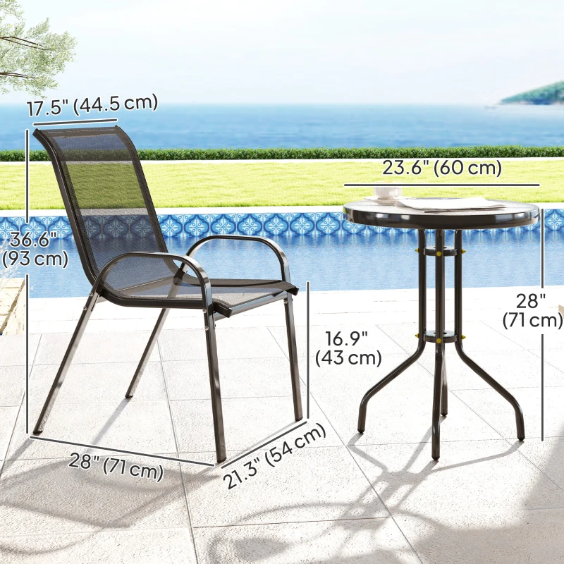 Outsunny 3 Pieces Bistro Set, Small Patio Furniture Set with Stackable Mesh Chairs, Glass Table for Garden, Balcony, Black