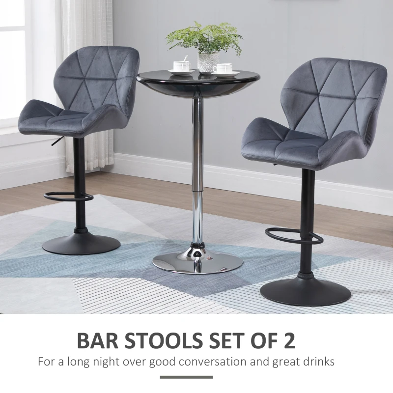 HOMCOM Bar Stool Set of 2 Fabric Adjustable Height Armless Upholstered Counter Chairs with Swivel Seat, Grey