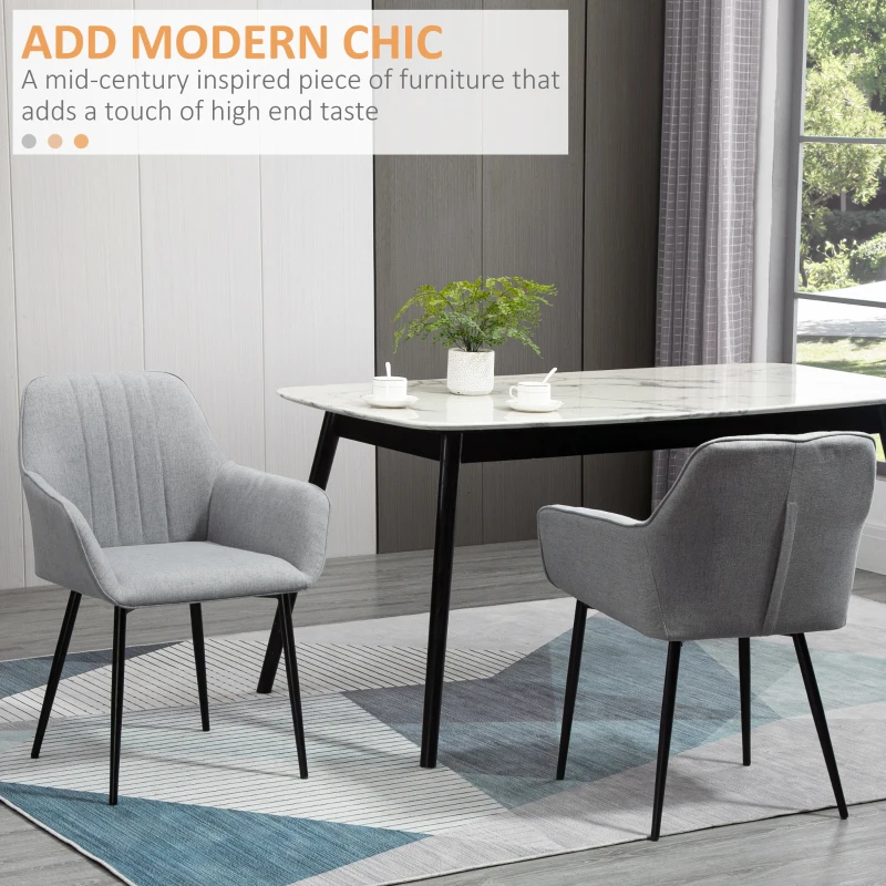 HOMCOM Dining Chairs Set of 2, Upholstered Linen Fabric Accent Chairs with Metal Legs, Light Grey