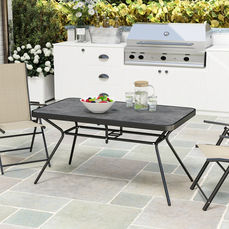Outsunny Rectangle Outdoor Dining Table for 6, with 1.7" Umbrella Hole, Easy Clean DPC Plastic Tabletop, 55" x 31.5" x 28"