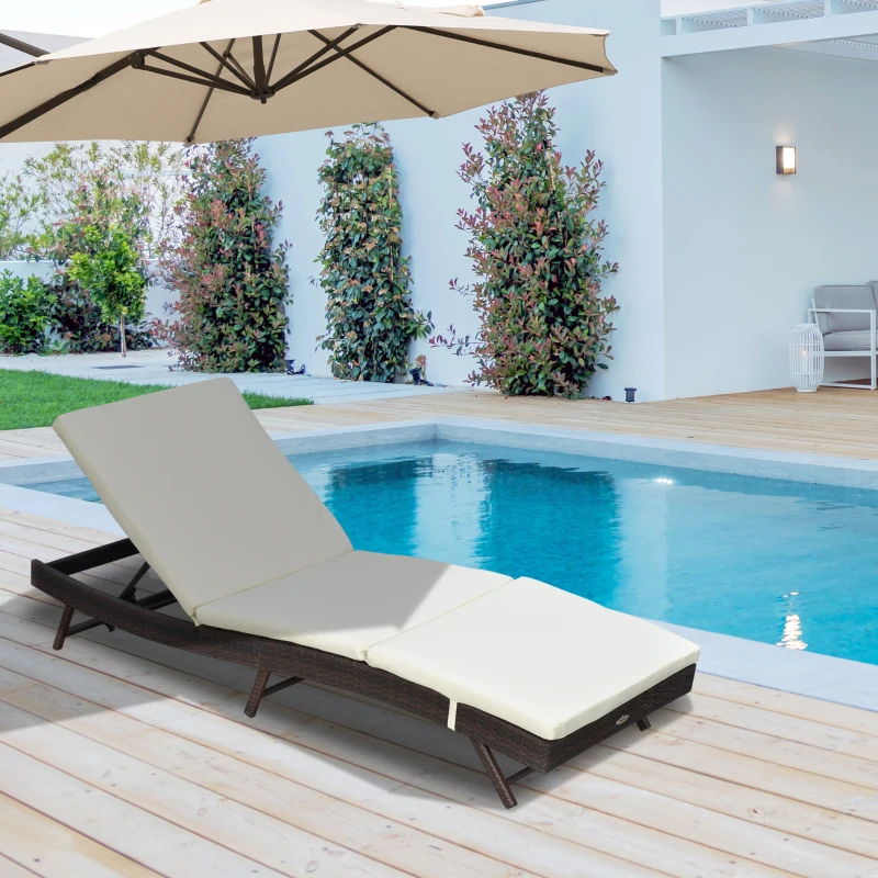 Outsunny Patio Chaise Lounge, Pool Chair with 5 Position Adjustable Backrest & Cushion, Outdoor PE Rattan Wicker Sun Tanning Seat, 78.75" x 24.75" x 35", Brown