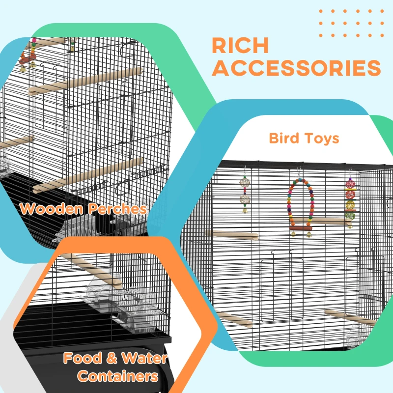 PawHut 51" Bird Cage for Budgies Canaries Finches Lovebirds Parakeets with Rolling Stand, Toys, Black
