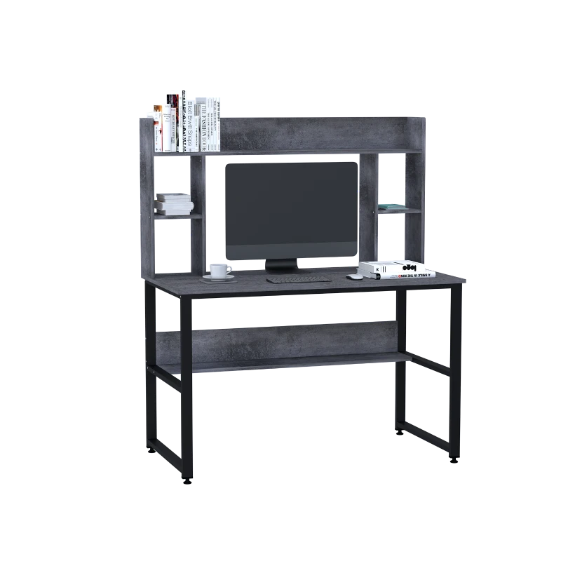 HOMCOM Office Computer Desk Writing Table Workstation with Storage Shelves, Decorative Hutches, & Strong Build, Grey