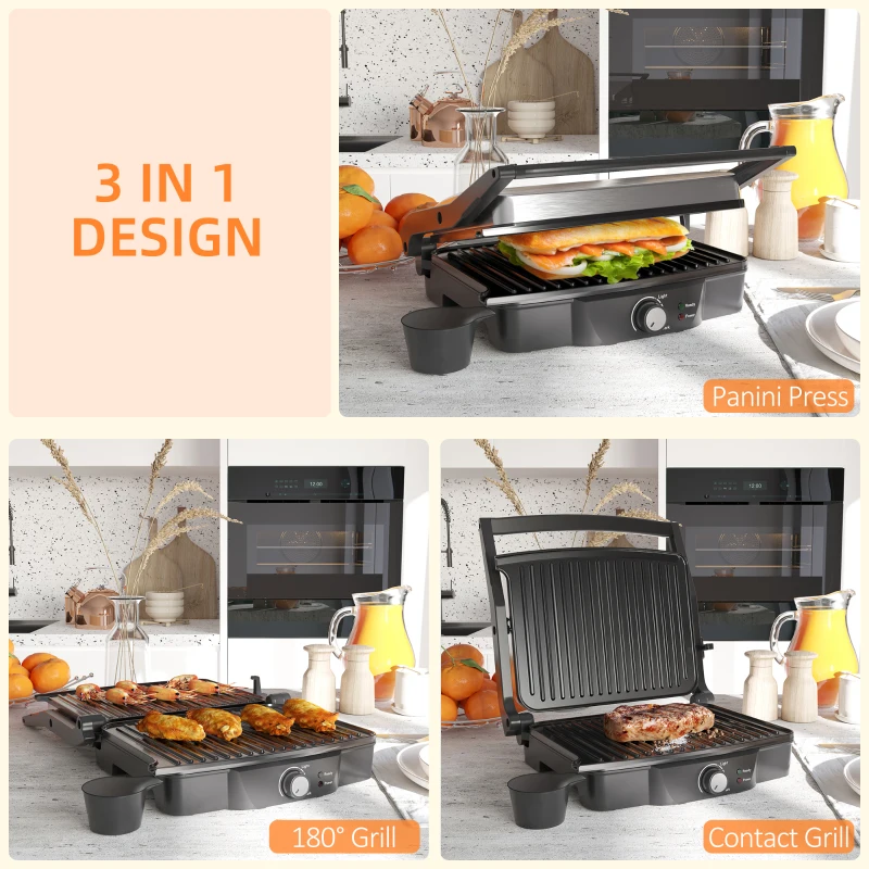 HOMCOM 4 Slice Panini Press Grill, Stainless Steel Sandwich Maker with Non-Stick Double Plates, Locking Lids and Drip Tray, Opens 180 Degrees to Fit Any Type or Size of Food 13.75"x12.75"x4.75"