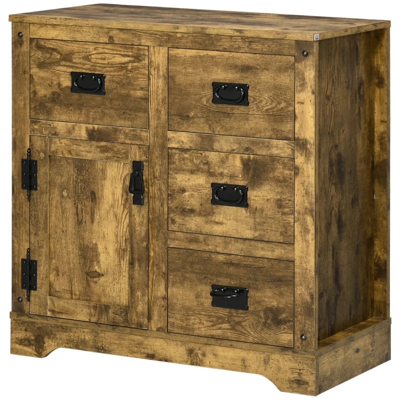 HOMCOM Industrial Sideboard Buffet Cabinet, Kitchen Cabinet with 4 Drawers, 1 Door, Adjustable Shelf Coffee Bar Cabinet, Rustic Brown