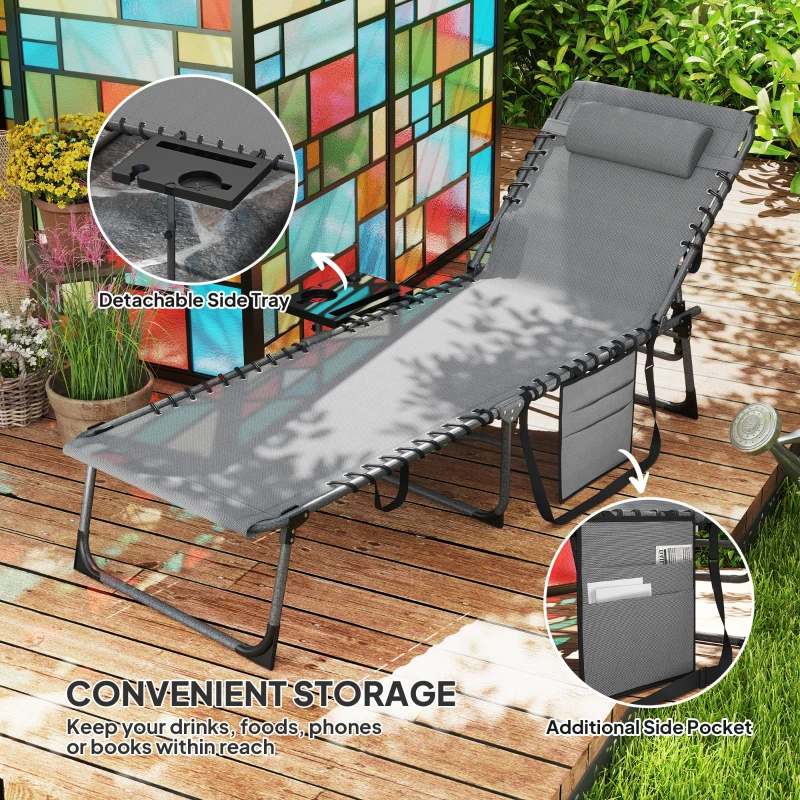 Outsunny Folding Outdoor Chaise Lounge Chair Tanning Chair with 5-Level Adjustable Back, Side Table, Pillow, Pocket, Gray