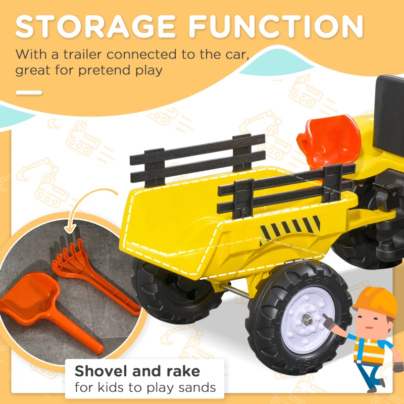Aosom Kids Ride on Tractor with Back Trailer, Shovel & Rake, Horn, Pedal Go Kart for 3 Years Old, Yellow(m-7)