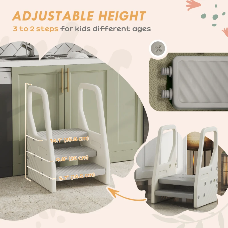 Qaba Adjustable Height Toddler Step Stool with Handle & Foot Pads, Grey