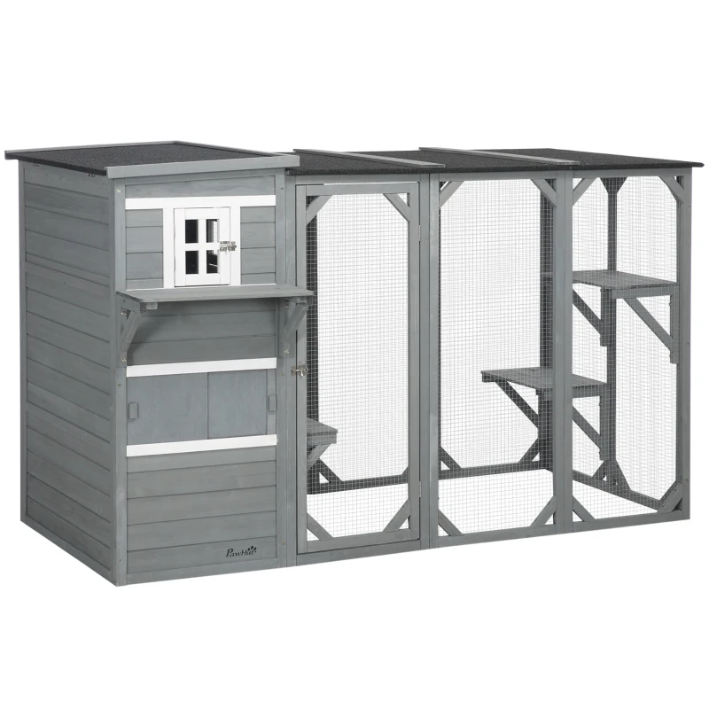 PawHut Wooden Cat Catio, 76"L Walk in Outdoor Cat House with Asphalt Roof, Platforms, Lockable Doors, 3-tier Resting Condo, Observation Window, for 2-3 Cats, Light Grey