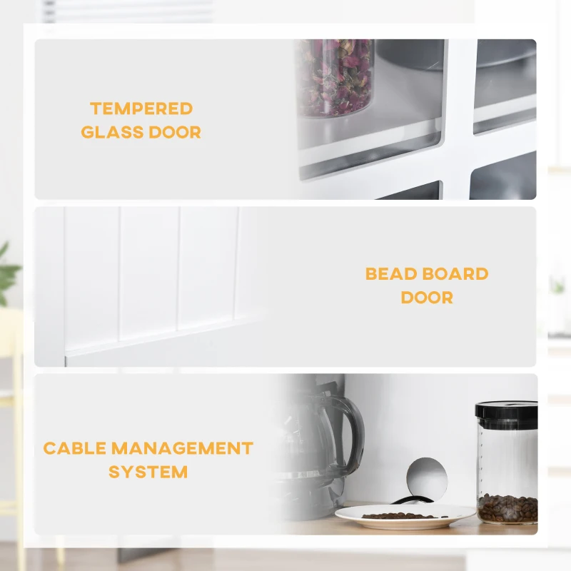 HOMCOM Coastal Style Kitchen Buffet and Hutch Wooden Storage Cabinet with Framed Glass Door  Drawers Microwave Space for Dining Room  Living Room  White