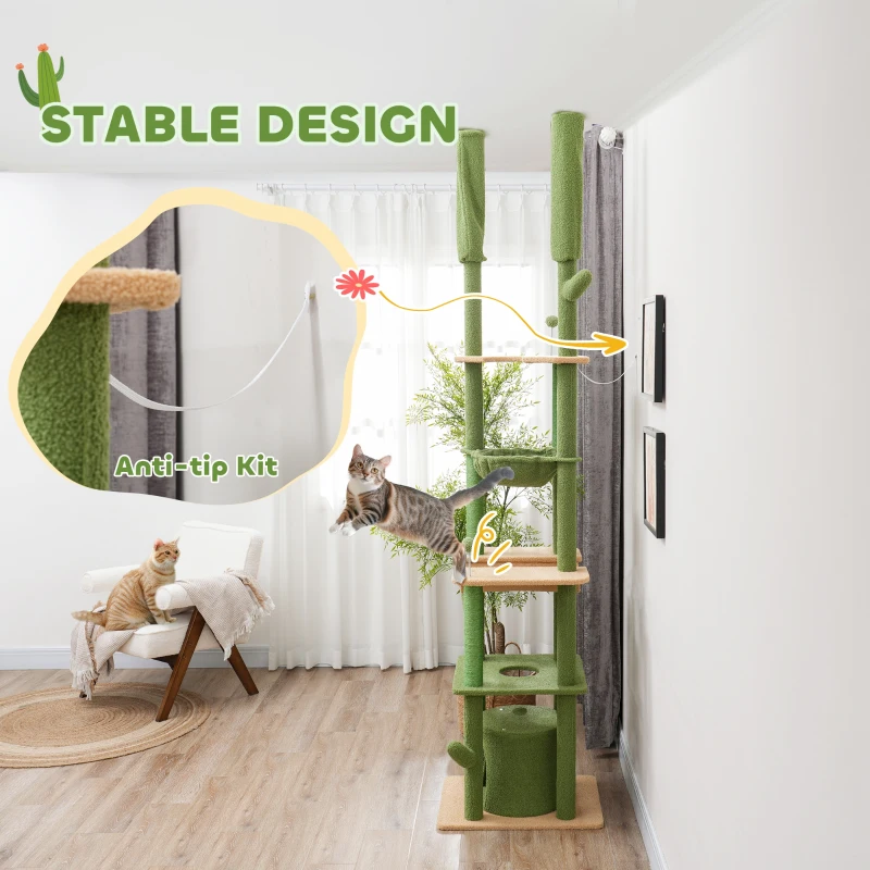 PawHut 89"-100" Floor to Ceiling Cat Tree, Cat Climbing Tower with Grooming Brush Post, Cat Condo, Hammock, Green