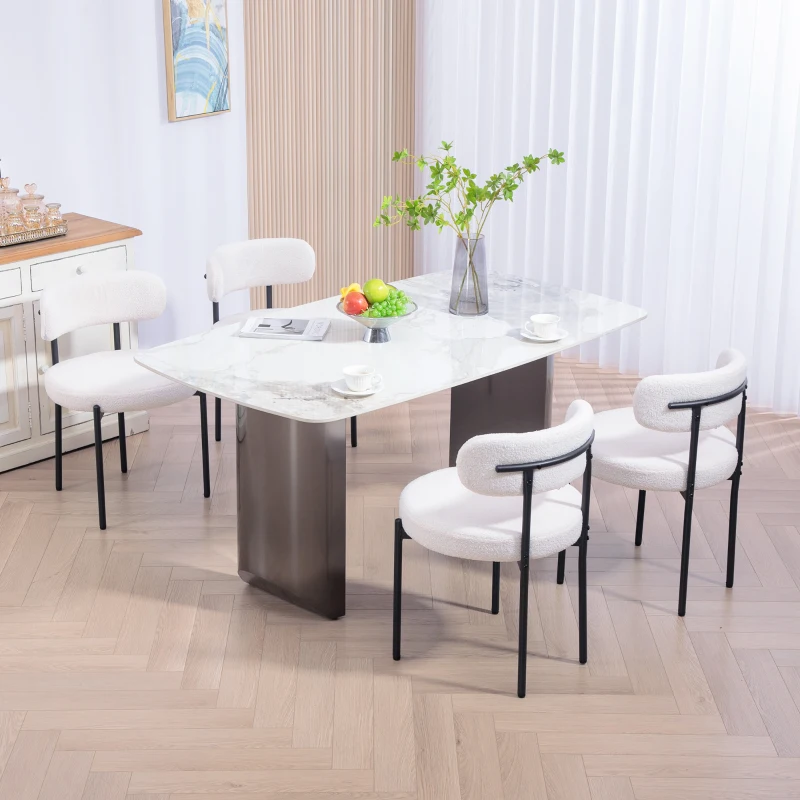 HOMCOM 4 Pieces Kitchen Chairs, Modern Dining Chairs w/ Berber Fleece Upholstery and Steel Legs for Living Room, Cream White