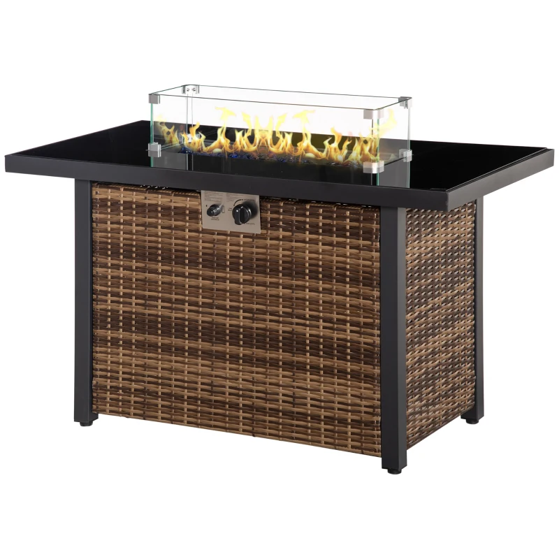 Outsunny Outdoor Propane Gas Fire Pit Table, 50,000 BTU Electric Ignition Gas Firepit with Glass Cover, Black Glass Tabletop and CSA Certification, Brown