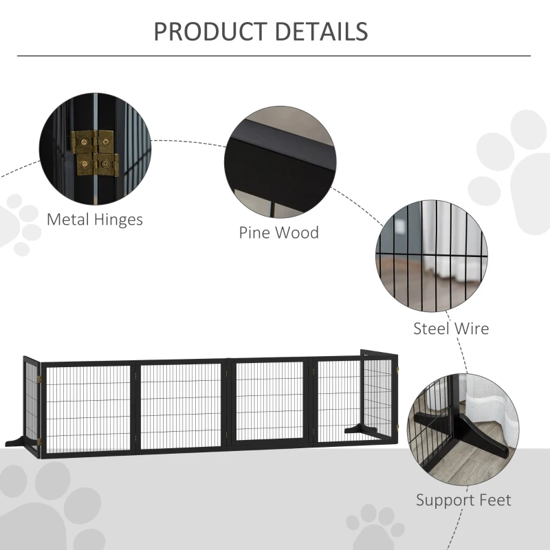 PawHut Wooden Freestanding Pet Gate w/ 2 Support Feet, Black