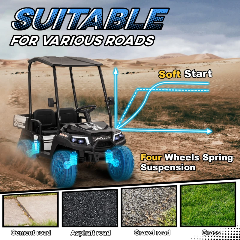 Qaba 24V 2 Seater Electric Car for Kids w/ Remote Control, 4 Wheels Spring Suspension, Soft Start, Storage, Sunshade, Black