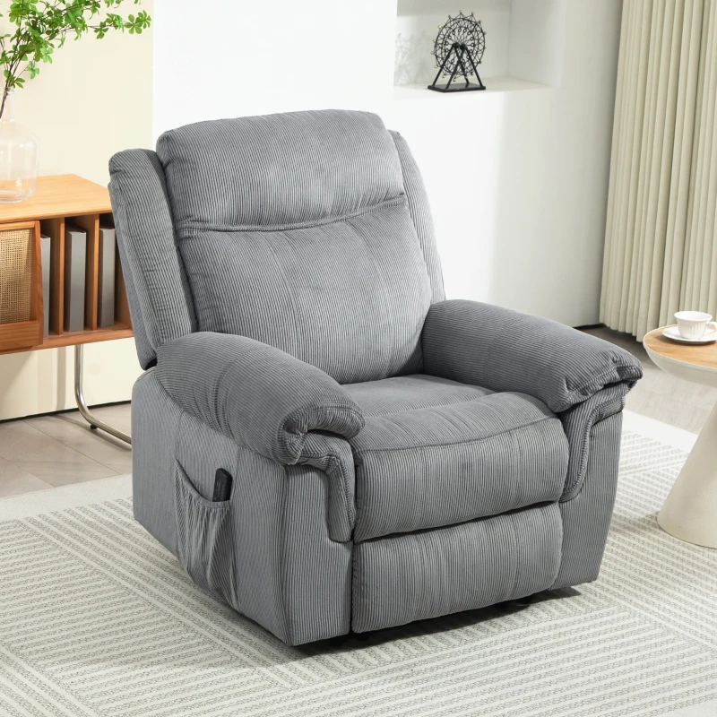 HOMCOM Manual Recliner Chair with Vibration Massage, Side Pockets, Corduroy Reclining Chair for Living Room, Grey