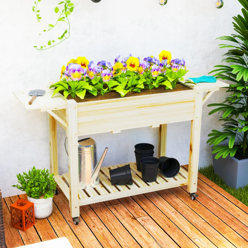 Outsunny Wood Raised Planter Box, Elevated Garden Bed with Lockable Wheels, Side Tables, Bottom Shelf, Drain Holes, Natural