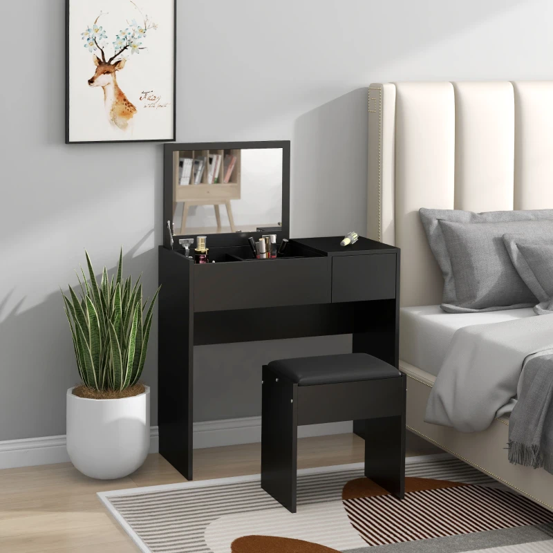 HOMCOM Modern Vanity Set with Flip Top Mirror and Cushioned Stool, Dressing Table with Storage Drawer for Bedroom, Black