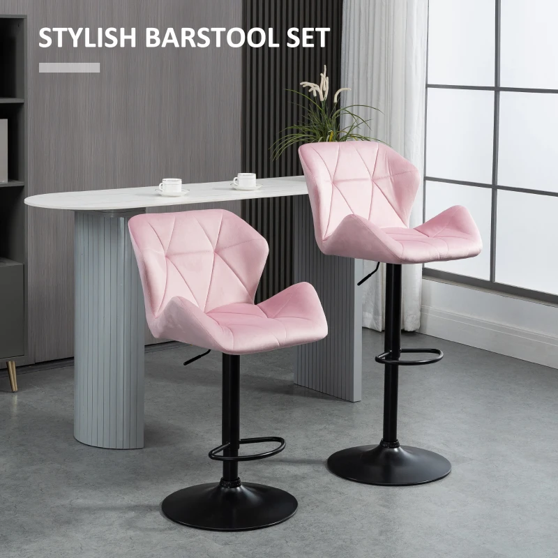 HOMCOM Velvet-Touch Bar Stool Set of 2 Fabric Adjustable Height Armless Counter Chairs with Swivel Seat, Pink