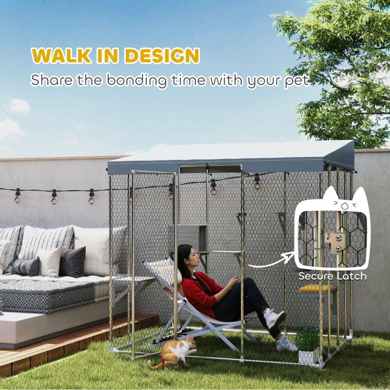 PawHut 79" Galvanized Steel Large Catio with Waterproof Canopy, Sleeping Box, Jumping Platforms, for 1-3 Kittens, Silver(m-5)