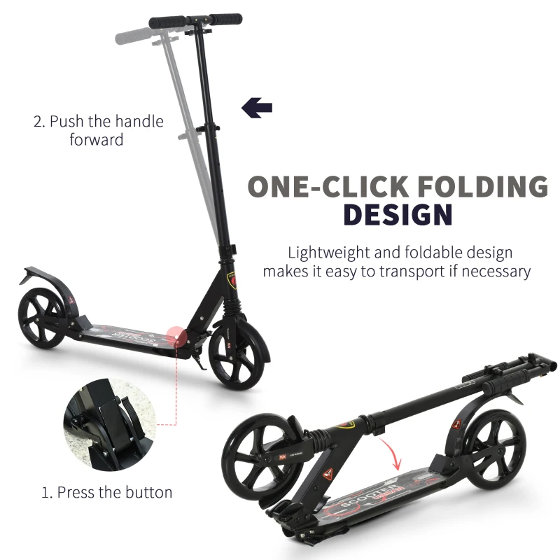 Soozier Foldable Kick Scooter Height Adjustable Ride On Bike with Real Wheel Brake, Dual Shock-Absorbing, Kickstand, and 7.75'' Big Wheels For 14+ Teens Adult, Black