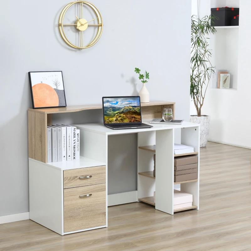 HOMCOM 54 Inches Computer Desk with Storage Shelves, Drawers and Printer Shelf, Writing Table for Home Office and Study, Oak