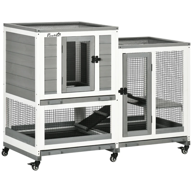 PawHut Three Story Wooden Rabbit Cage Bunny Hutch, Gray
