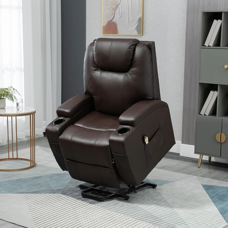 HOMCOM Power Lift Recliner Chair for Elderly, PU Leather Lift Chair with Footrest, Remote Control, Side Pockets and Cup Holders, Reclining Sofa for Living Room, Brown