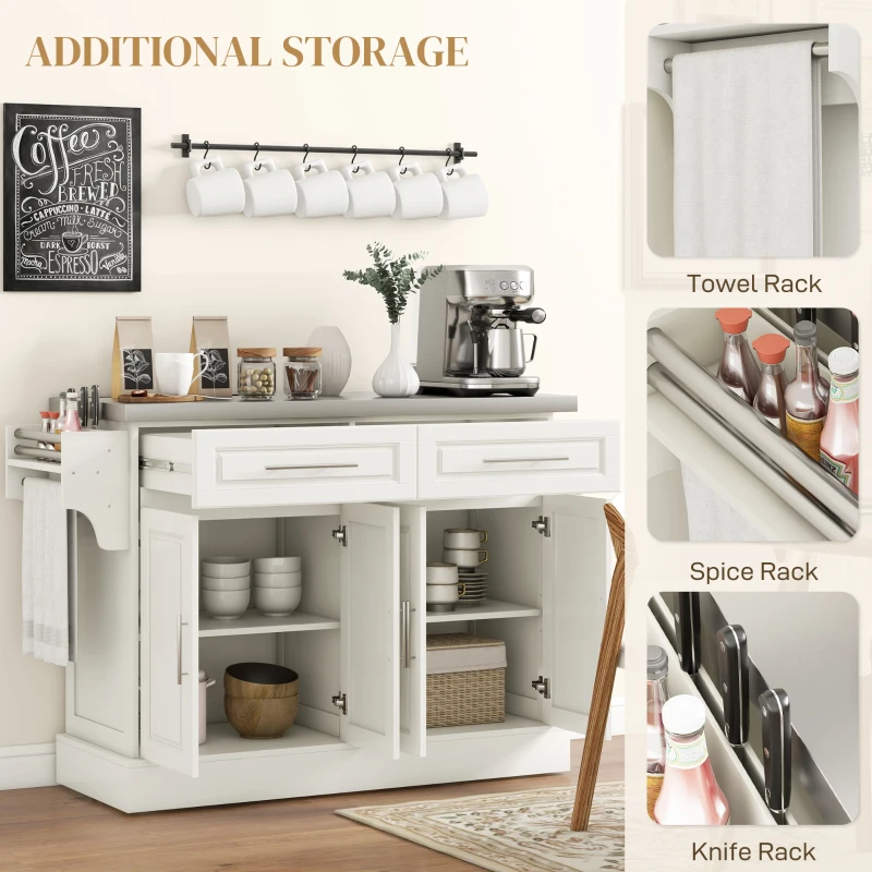 HOMCOM Rolling Kitchen Island with Stainless Steel Top, 2 Drawers, Spice, Knife and Towel Rack and Cabinets, Cream White