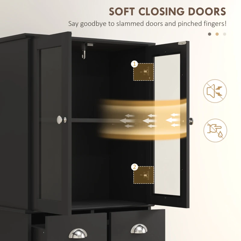 HOMCOM 61" Kitchen Pantry Cabinet, Freestanding Farmhouse Buffet Storage Cabinet with Soft Close Glass Doors and Adjustable Shelves, Black