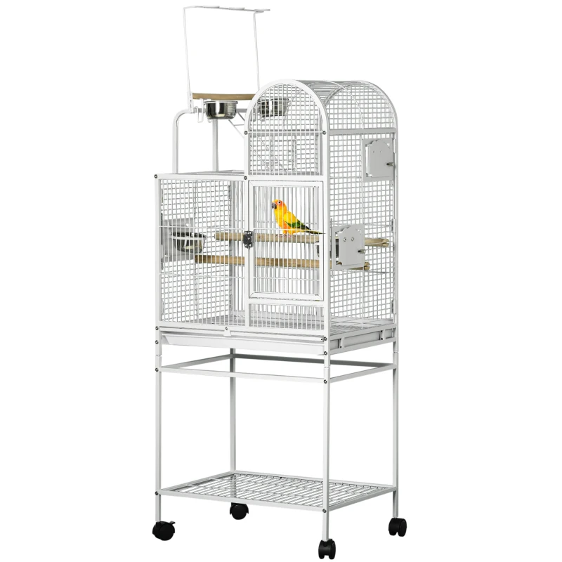 PawHut 55" Large Parrot Cage with Toy Hooks Above Top Bird Perch, Tray, Food Cups, Rolling Stand, Bird Cage for Cockatiels, Parakeets, Lovebirds