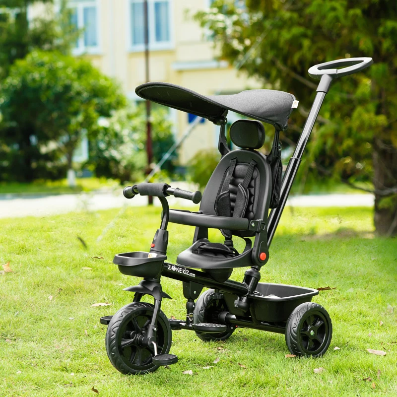 Qaba Kids Tricycle 4 In 1 Trike with Reversible Angle Adjustable Seat Removable Handle Canopy Handrail Belt Storage Footrest Brake Clutch for 1-5 Years Old Black