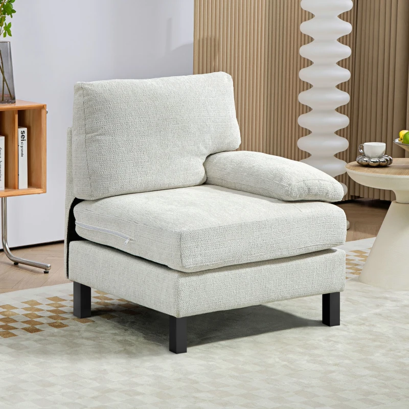 HOMCOM Right Side Module for Modular Sectional Sofa, Upholstered Armchair with Wood Legs and Pocket Spring, Cream White