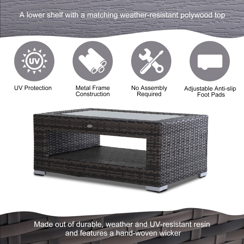 Outsunny 2-Tier Rattan Patio Coffee Table Outdoor Side Table PE Wicker Patio Garden Tea End Desk with Tempered Glass Top & Storage for Balcony, Backyard, Poolside