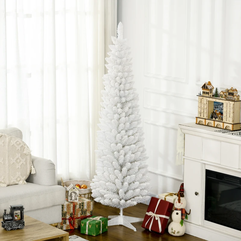 HOMCOM 6' Decorated Christmas Tree Snow Flocked Artificial Christmas Tree with Pencil Shape, Realistic Branches, White