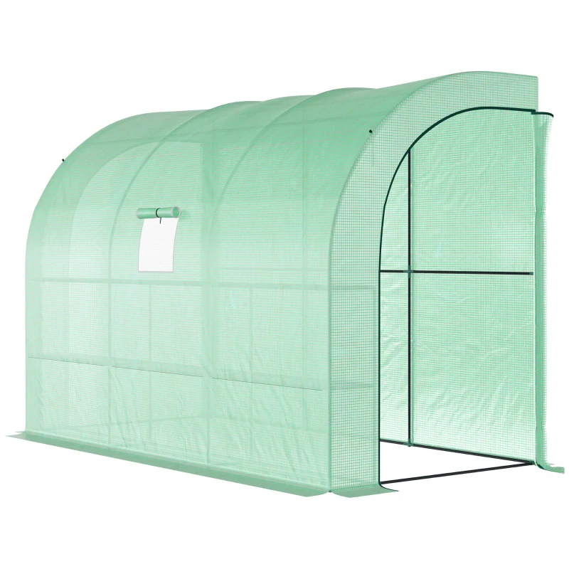Outsunny 10' x 5' x 7' Lean to Greenhouse, Walk-In Green House, Plant Nursery with 2 Roll-up Doors and Windows, PE Cover and 3 Wire Shelves, Green(m-11)