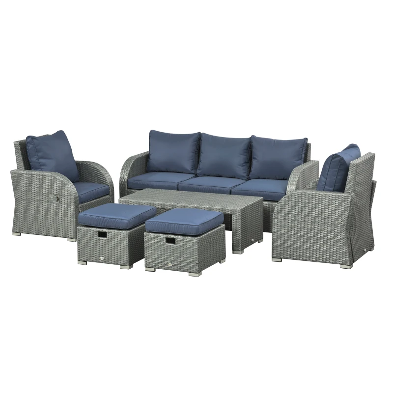 Outsunny Patio Furniture with Cushions, 6 Pieces PE Wicker Patio Sectional Furniture Conversation Set w/ a Three-Seat Sofa, 2 Recliner Chairs, 2 Footstools & Table, Dark Blue