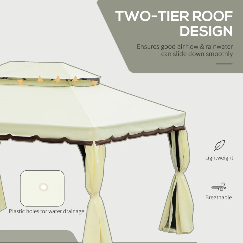 Outsunny 10'x13' Soft-top Aluminum Gazebo Deck Canopy Double Tier Garden Shelter with Netting and Curtains, Cream White