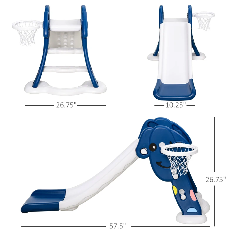 Qaba Kids Slide with Basketball Hoop Toddler Climber Freestanding Slider Playset Playground Slipping Slide Indoor Outdoor Exercise Toy Activity Center for 3-6 Years Old Blue