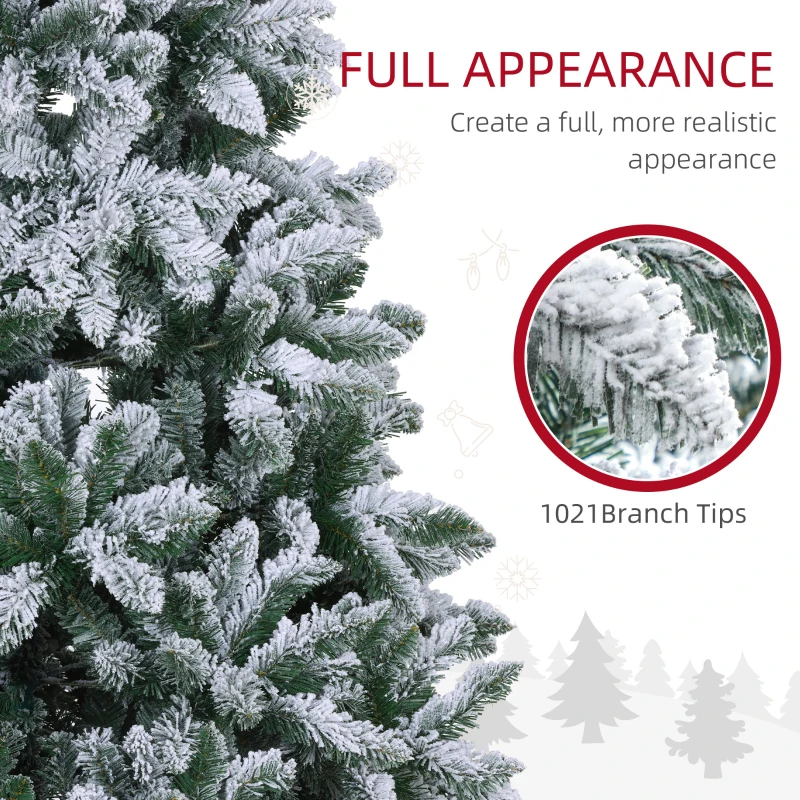 HOMCOM 7 Foot Artificial Flocked Christmas Tree with Snow, Metal Stand, Hinged Xmas Tree for Home Office Holiday