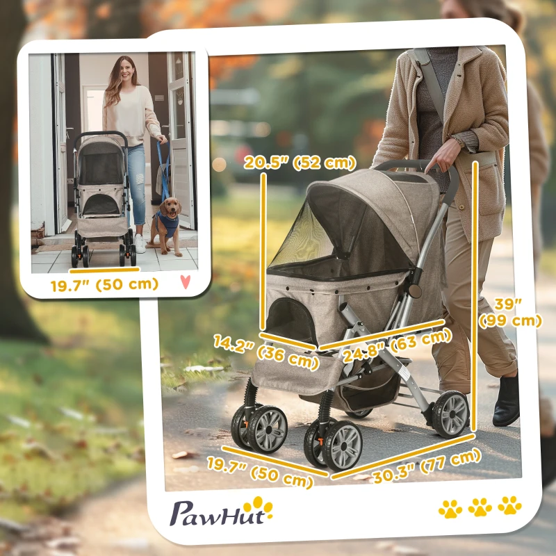 PawHut 4 Wheels Pet Stroller w/ Reversible Handle, Foldable Dog Cat Travel Carriage w/ EVA Wheels Basket Storage Bag 3-stage Canopy Brown