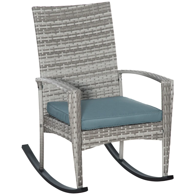 Outsunny Outdoor PE Rattan Rocking Chair, Garden Glider Rocking Chair, Wicker Patio Chair Set with Armrest and Cushion, Grey